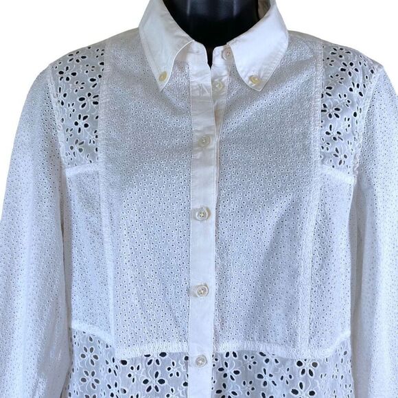 Tory Burch Ivory Eyelet Patchwork Button Down 3/4 Sleeve Shirt - Picture 3 of 12